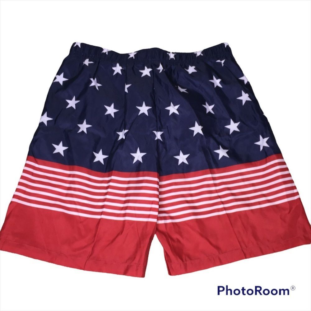 NWOT Patriotic Swim Trunks XL Stars America 4th July Flag USA Red White Blue